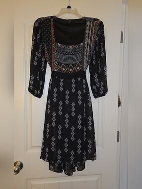 Sami & Jo Black Boho Long Sleeve Midi Dress with Multicolor Trim Size Medium